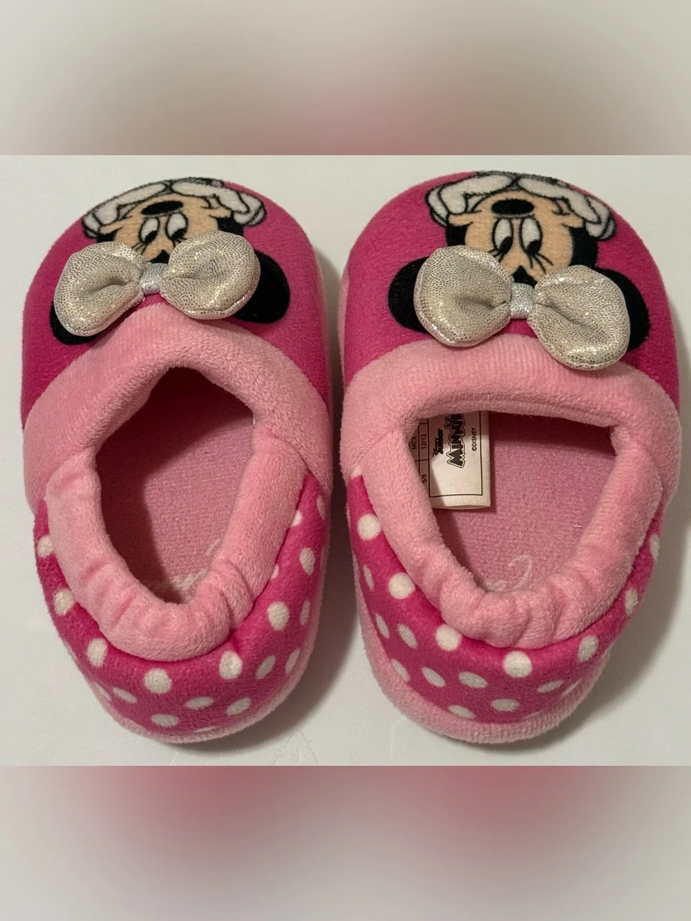 Disney Pink Minnie Mouse Plush Kids Slippers with Sparkle Bows